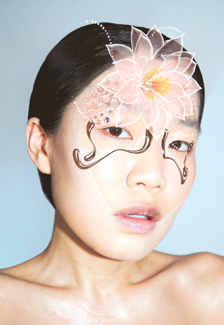 a portrait photo of a young asian girl with bright pink flowers on the face